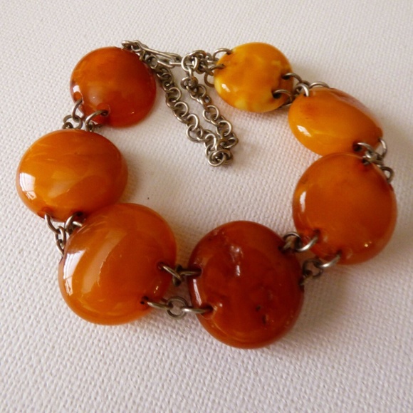 Vintage Egg Yolk Butterscotch natural Genuine Baltic Amber Link Bracelet 8" L